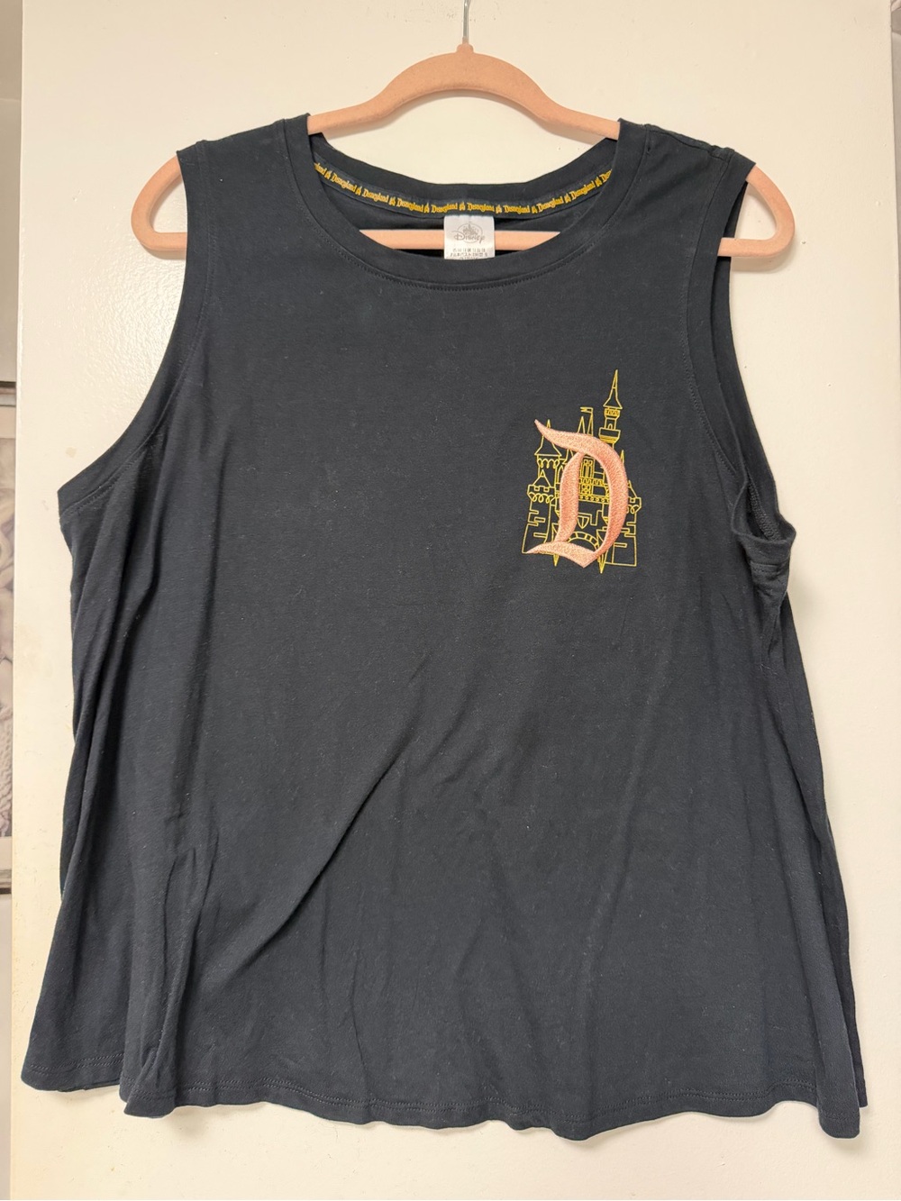 Disneyland Women’s Black Sleeveless Tank with Pink & Yellow Embroidery